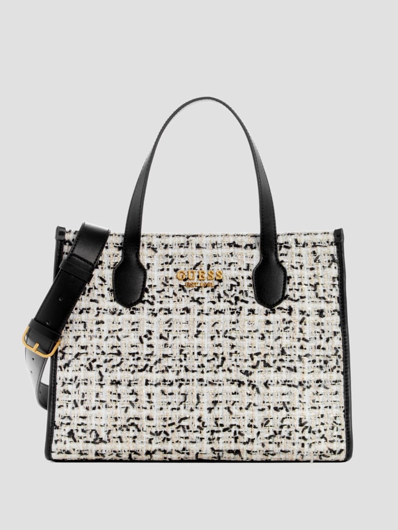 Guess Silvana Tweed Tote - Cream Multi