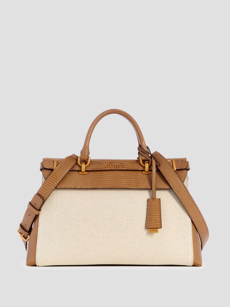 Guess Sestri Canvas Luxury Satchel - Natural/Camel