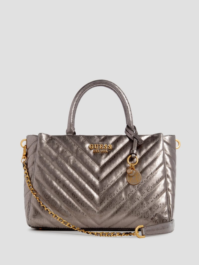 Guess Jania Metallic Quilted Society Satchel - Pewter