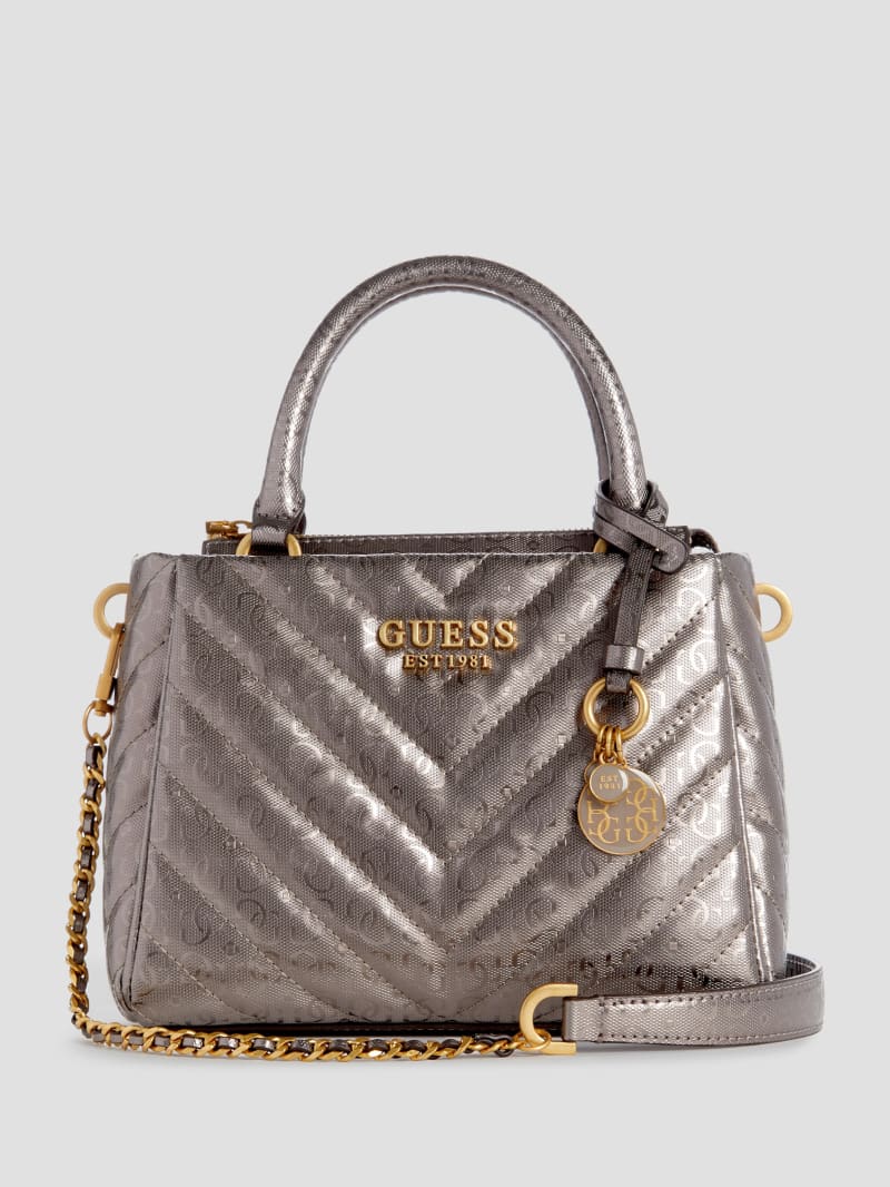 Guess Jania Metallic Quilted Small Girlfriend Satchel - Pewter