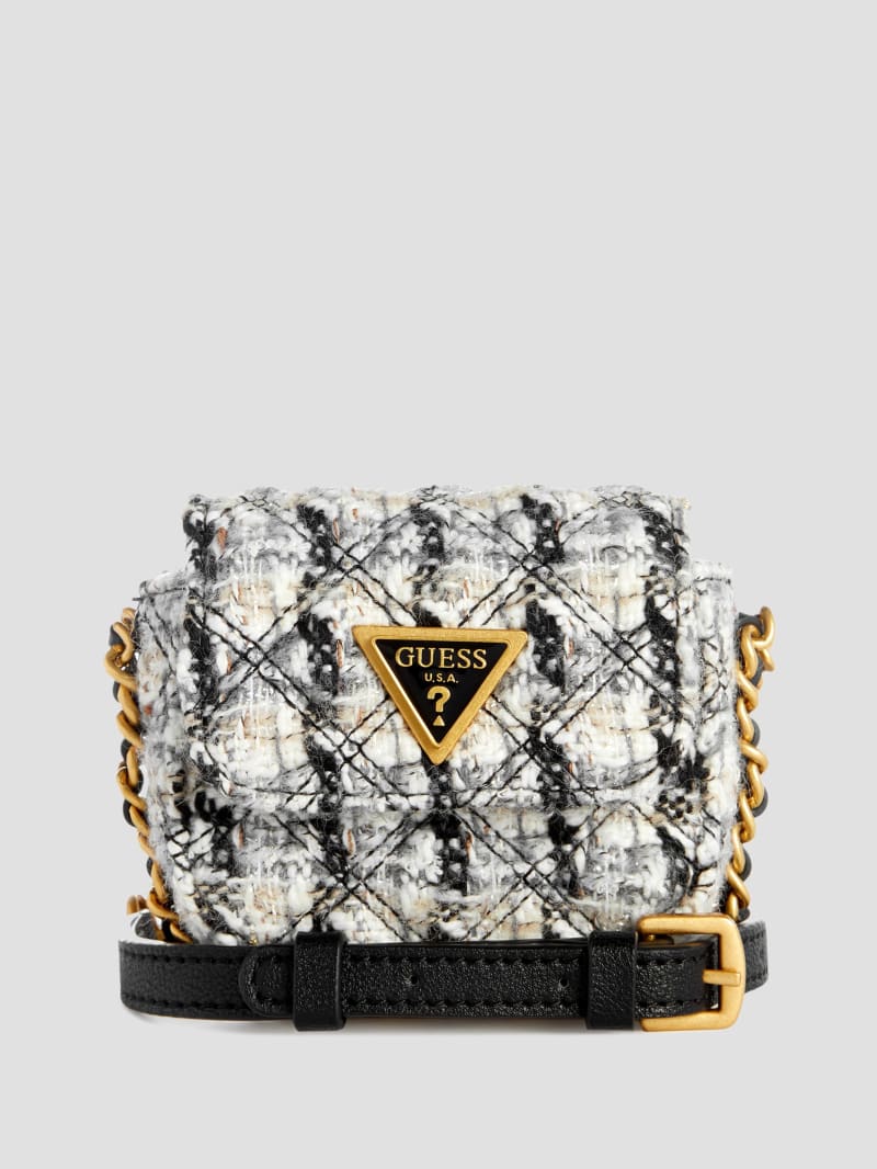 Guess Giully Tweed Micro Mini Crossbody - Black And White