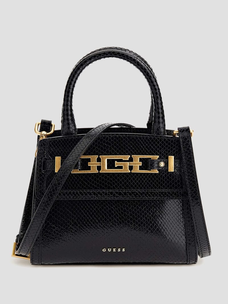 Guess Cristina Small Leather Satchel - Black Floral Print