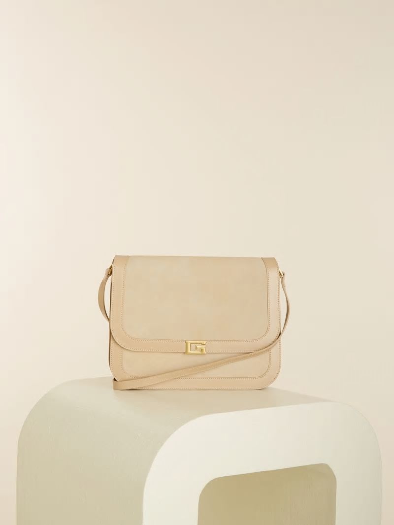 Guess Thea Medium Flap Leather Crossbody - Beige Overflow