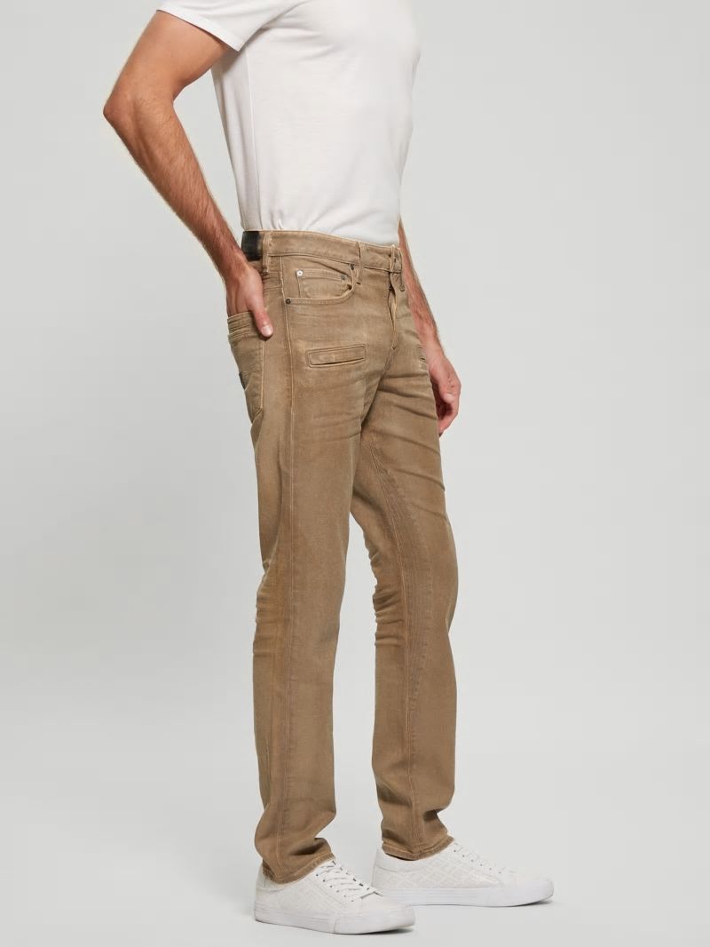 Guess Coated Denim Slim Tapered Zip Jeans - Isotope Brown