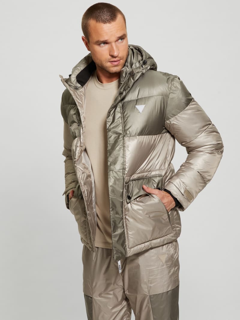 Guess Wilfred Hooded Long Puffer Jacket - Pasadena With Green Block