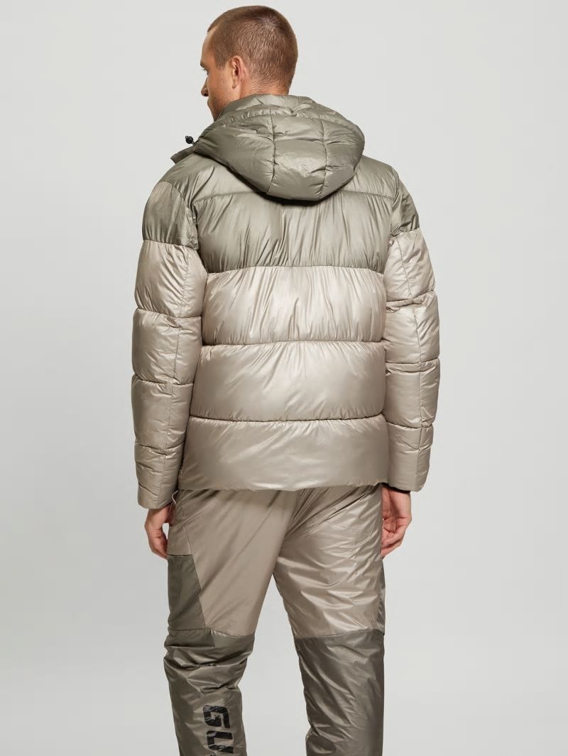 Guess Wilfred Hooded Long Puffer Jacket - Pasadena With Green Block