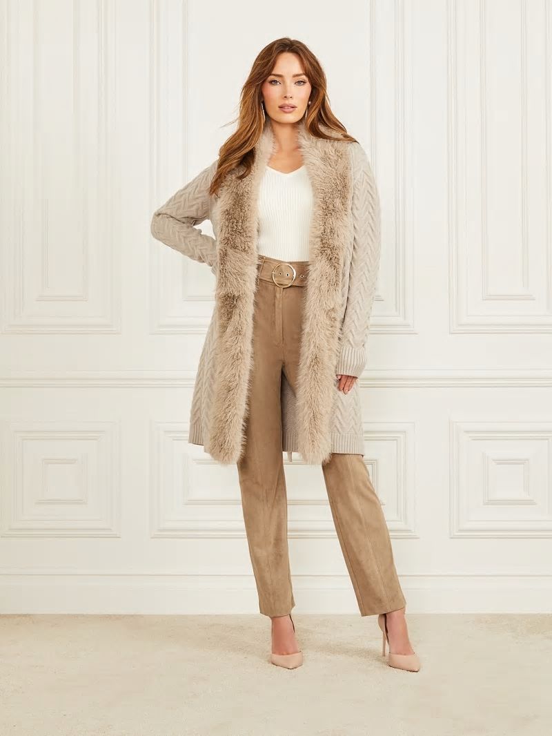 Guess Paula Faux-Fur Long Cardigan Sweater - Fawn Taupe