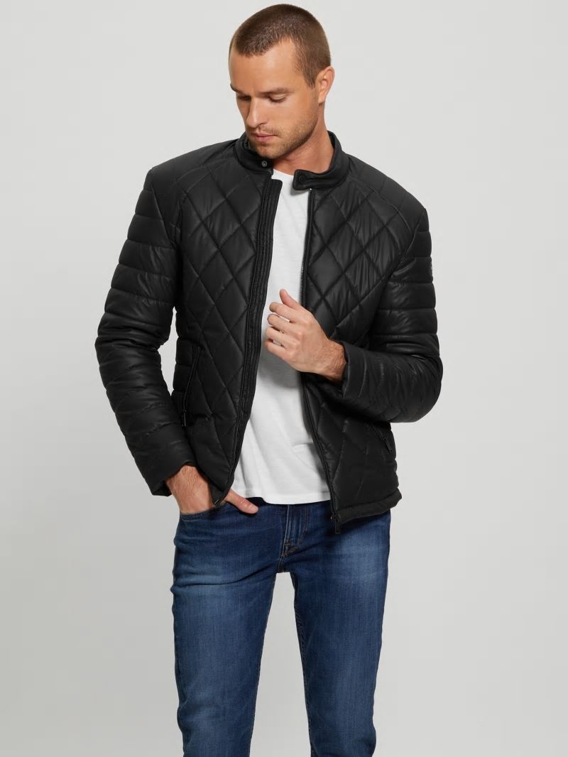 Guess Diamond Quilted Faux-Leather Jacket - Black
