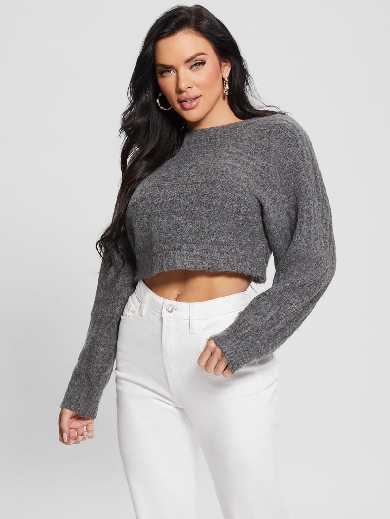 Guess Taira Cable-Knit Cropped Sweater - Dark Coal Heather