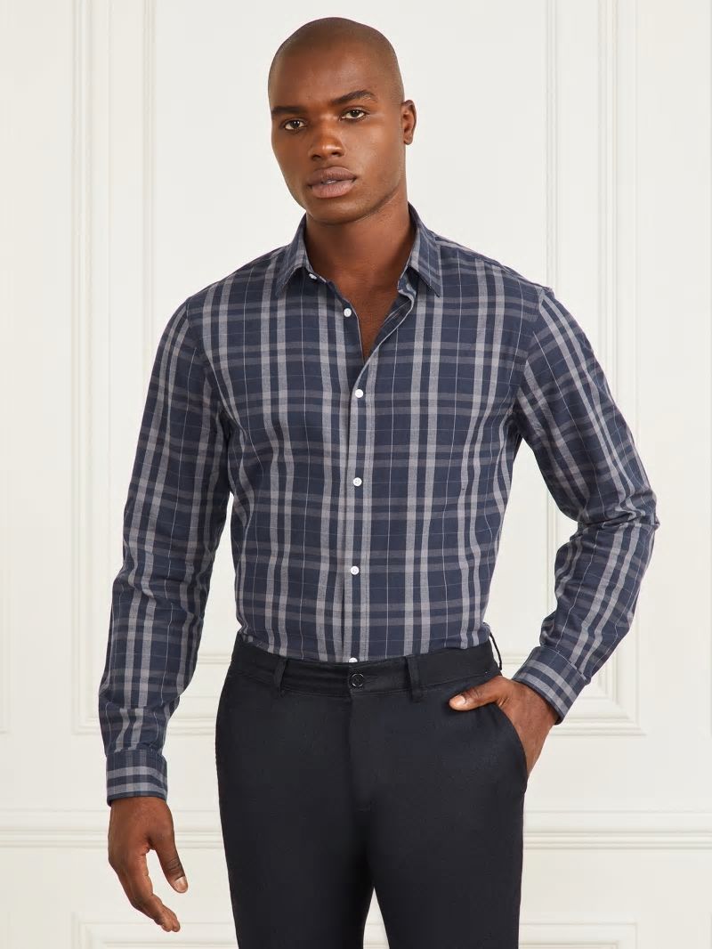 Guess Joe Notched Cuff Shirt - Blue And Grey Check