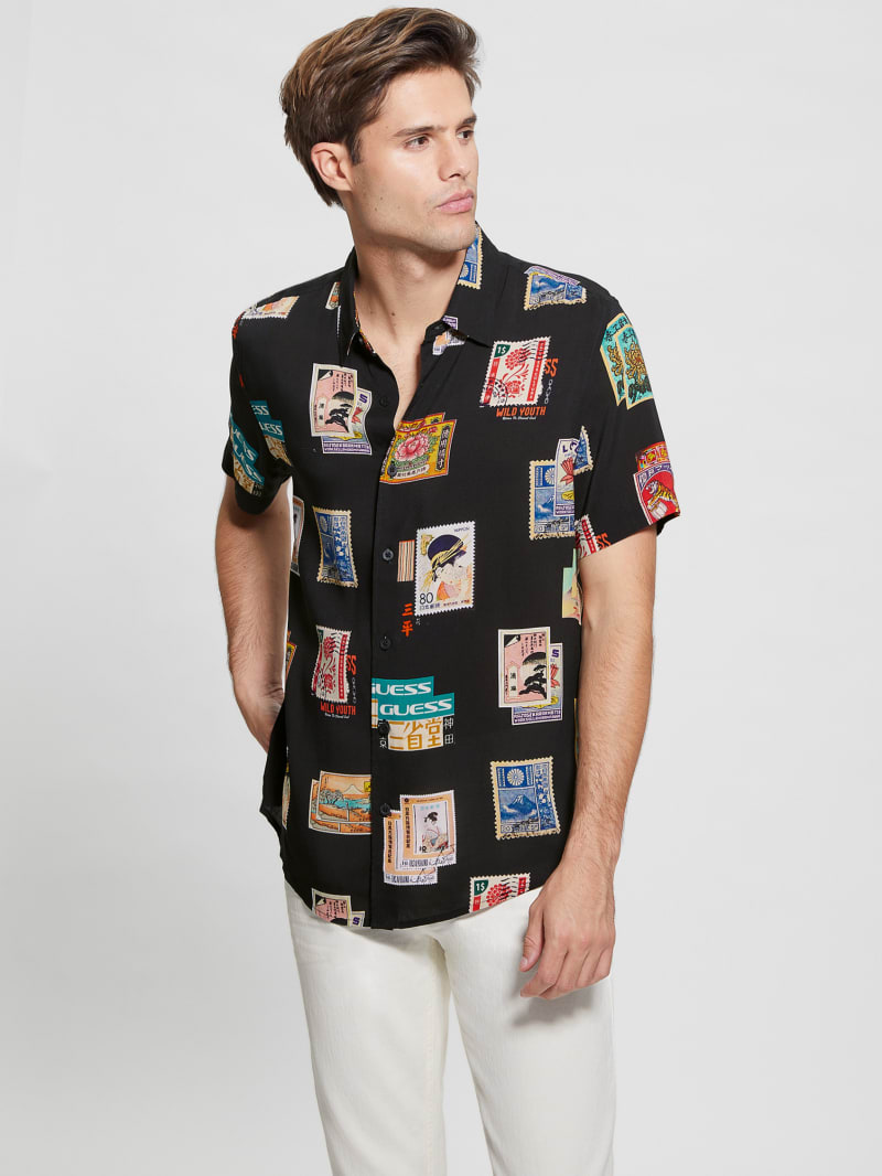 Guess Eco Post Card Shirt - Post Card Collage Jet Bla