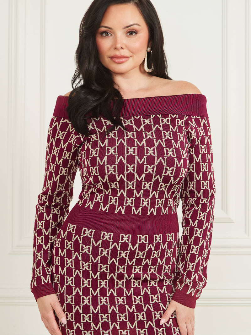 Guess Angelina Off-the-Shoulder Dress - M Allover Jacquard Vinega