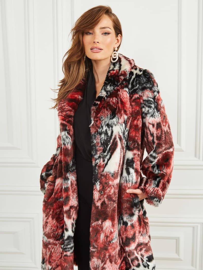 Guess Belle Faux-Fur Coat - Leopard Rose Print