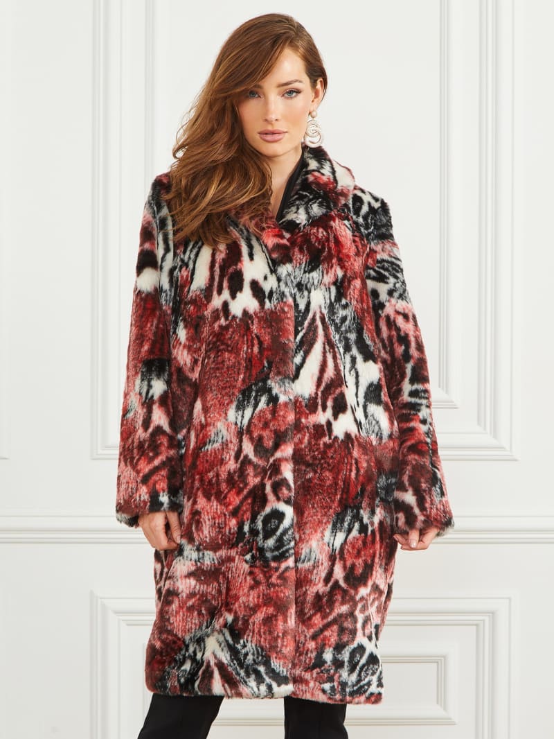 Guess Belle Faux-Fur Coat - Leopard Rose Print