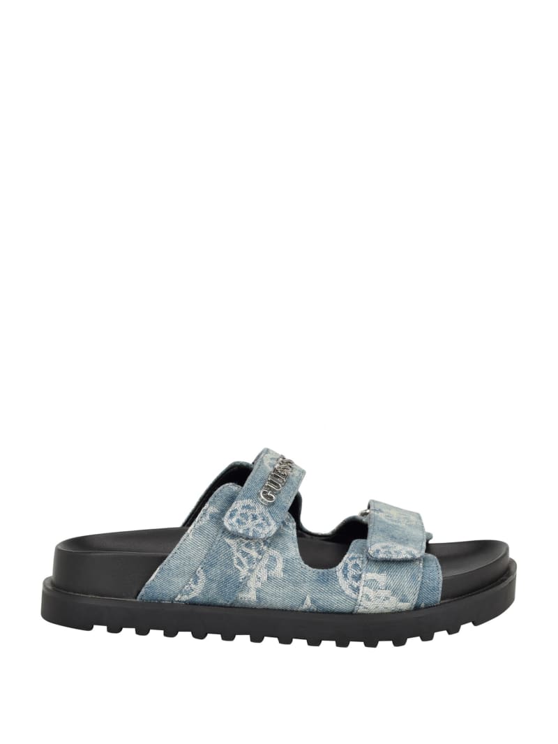 Guess Fabulon Denim Peony Two-Strap Slides - Denim Tie Dye