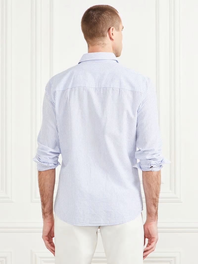 Guess Seersucker Italian Notched Cuff Shirt - Blue And White Stripes