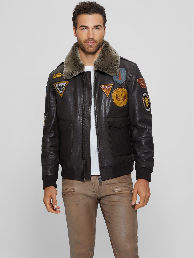 Guess Aviator Patched Leather Jacket - Brown Espresso