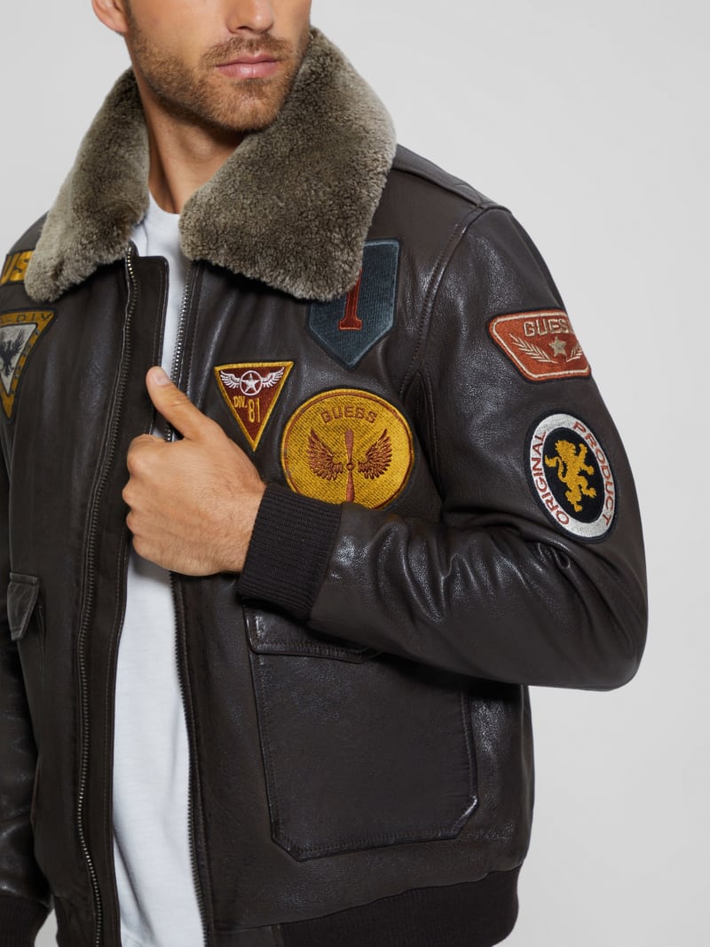 Guess Aviator Patched Leather Jacket - Brown Espresso