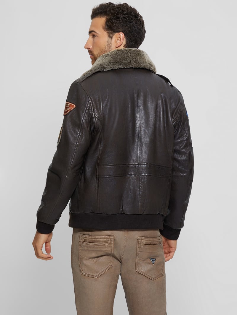 Guess Aviator Patched Leather Jacket - Brown Espresso