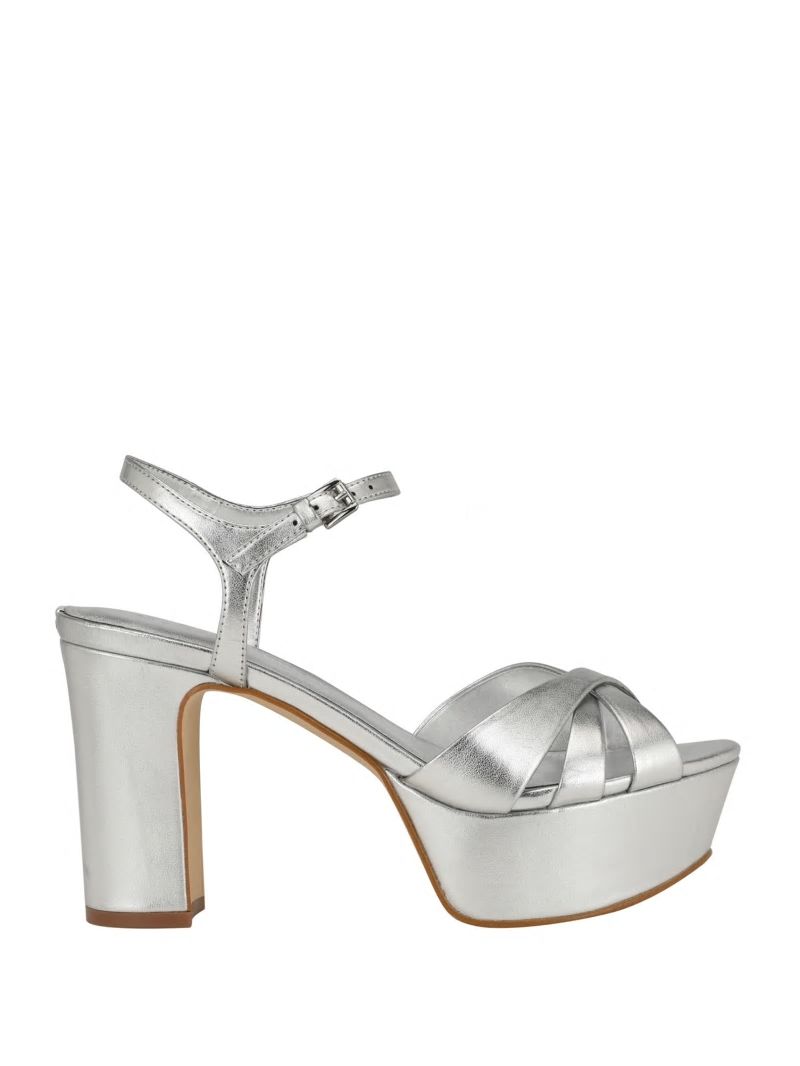 Guess Haylo Crisscross Platform Block Heels - Silver 040