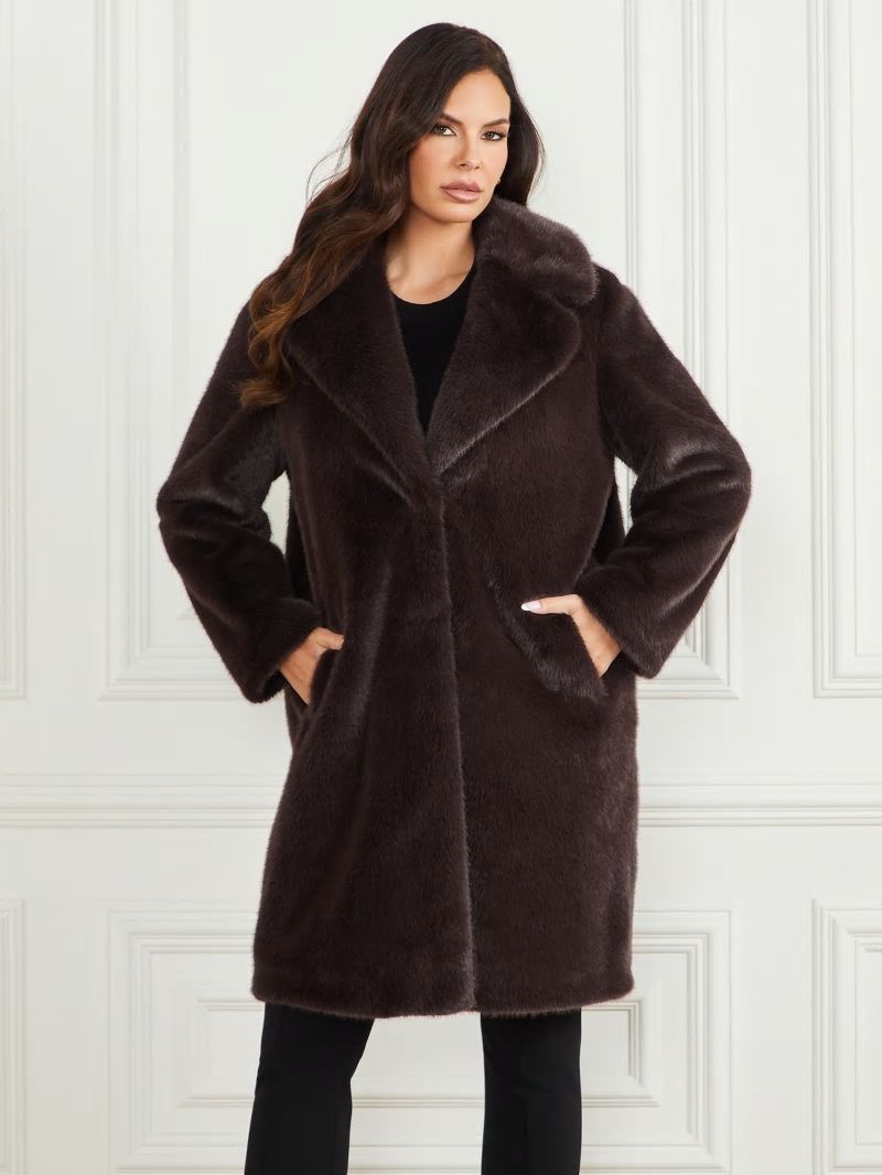 Guess Bianca Faux-Fur Coat - Cold Brew Multi