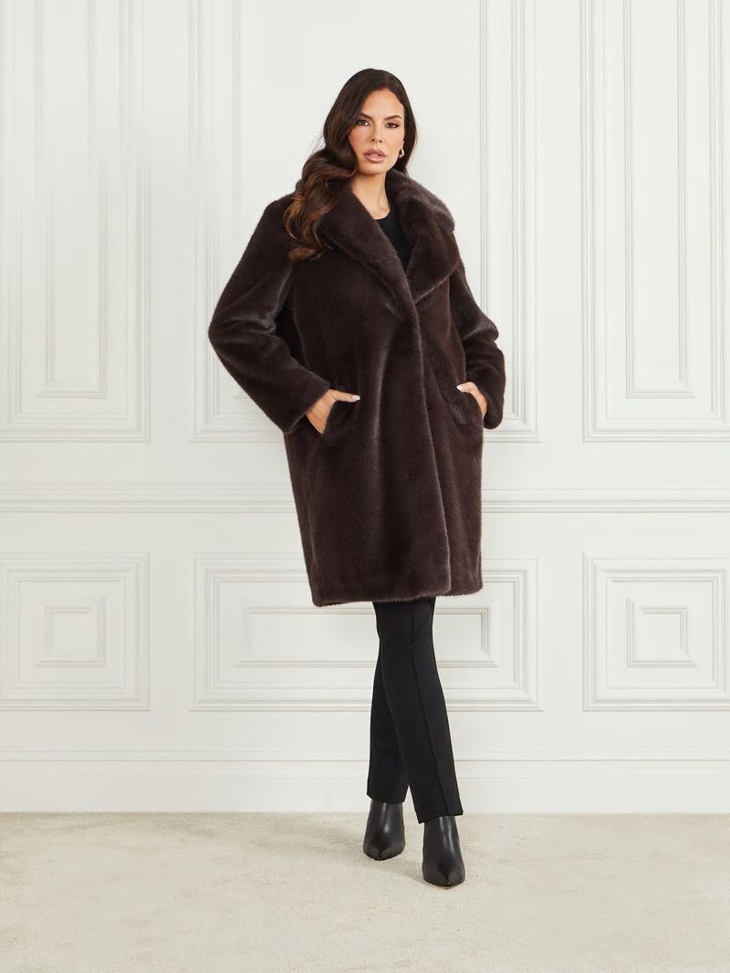 Guess Bianca Faux-Fur Coat - Cold Brew Multi