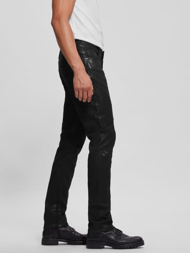 Guess Coated Slim Tapered Pintuck Moto Jeans - Black