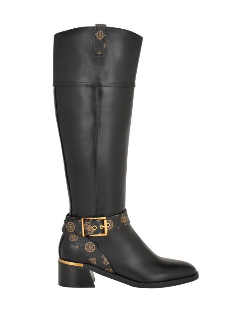 Guess Eveda Buckle Riding Boots - Black Leather