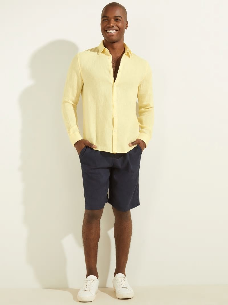 Guess Linen Italian Notched Cuff Shirt - Creamy Yellow