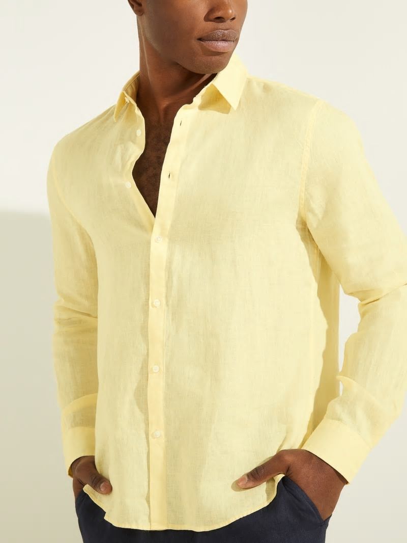 Guess Linen Italian Notched Cuff Shirt - Creamy Yellow