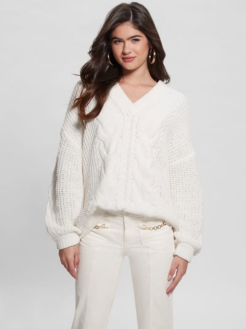 Guess Aki Chenille Cable-Knit Sweater - Dove White Multi
