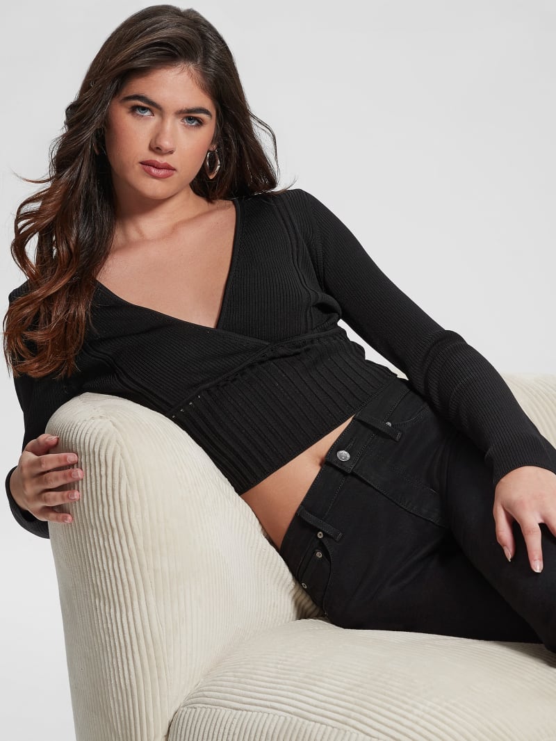 Guess Surplice Soft Bandage Sweater Top - Black