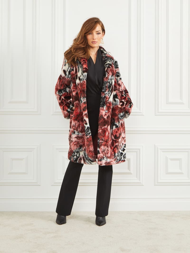 Guess Belle Faux-Fur Coat - Leopard Rose Print