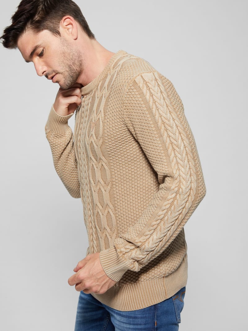 Guess Andy Cable Acid Wash Sweater - Travertine Sand