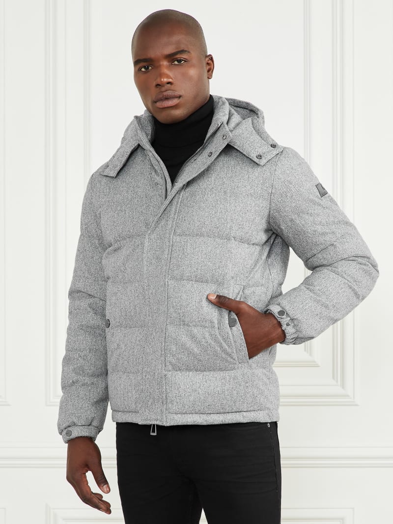 Guess Hooded Puffer Jacket - Grey Herringbone Melange