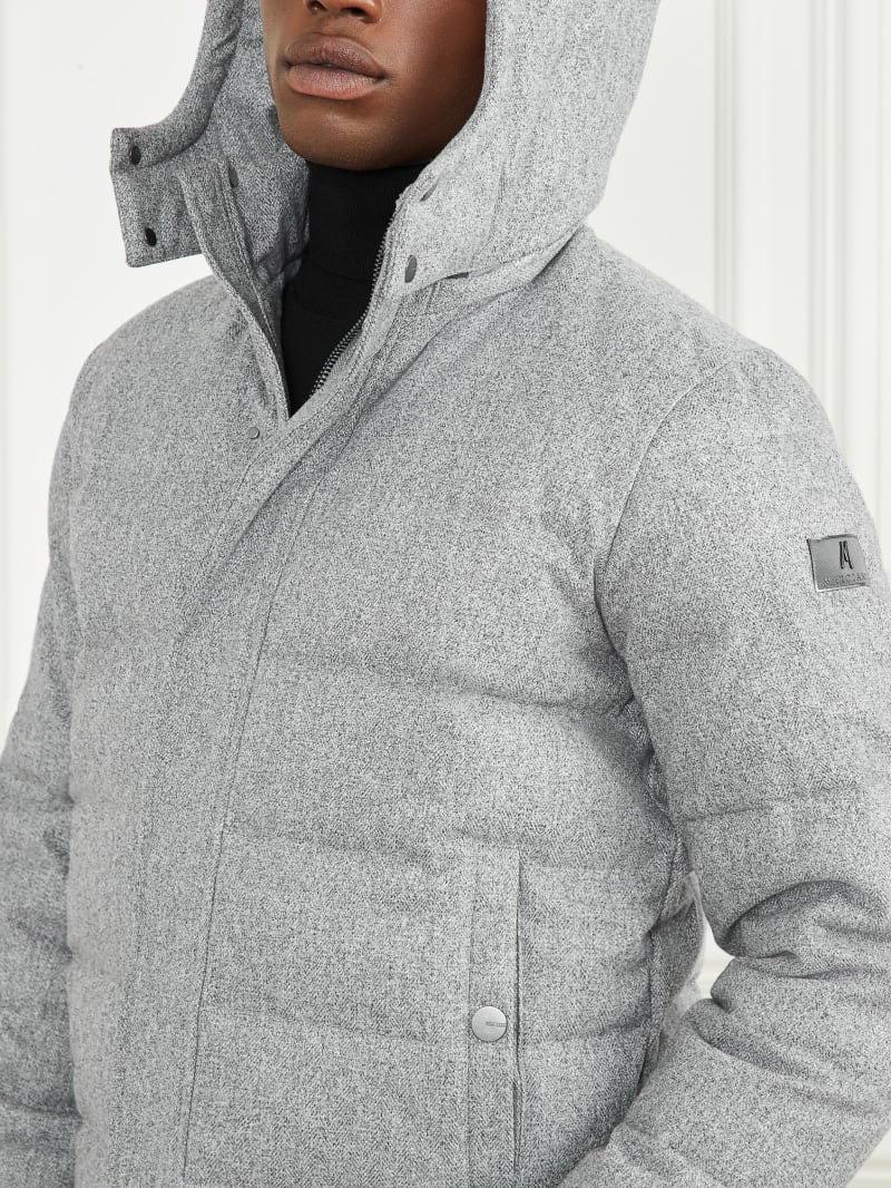 Guess Hooded Puffer Jacket - Grey Herringbone Melange