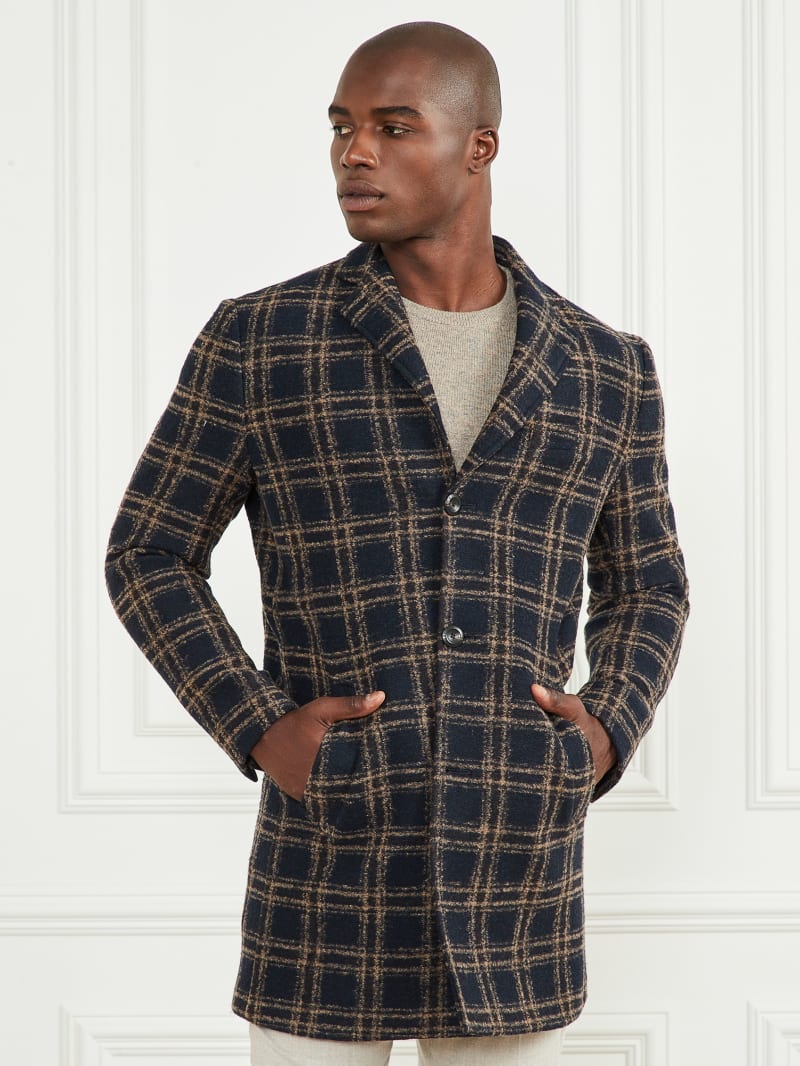 Guess Daily Single Breasted Wool-Blend Coat - Blue Brown Macrocheck