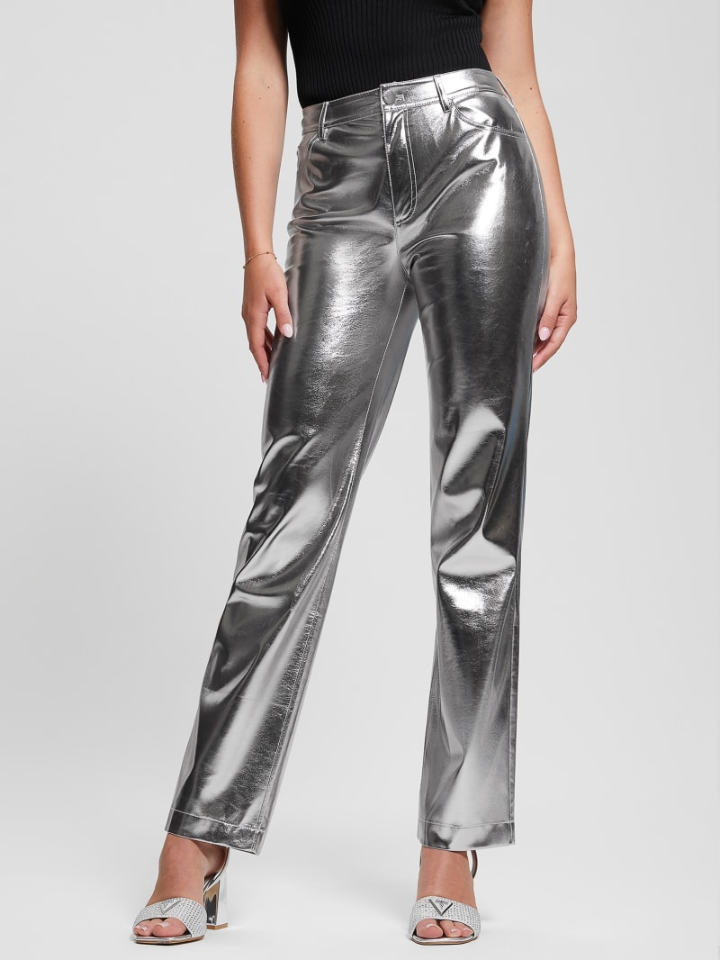 Guess Ambra Metallic Faux-Leather Pants - Metallic Silver