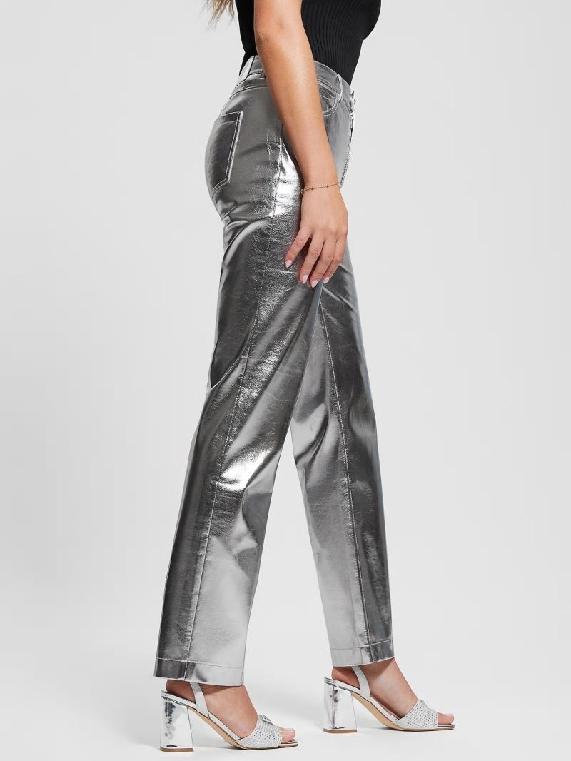 Guess Ambra Metallic Faux-Leather Pants - Metallic Silver