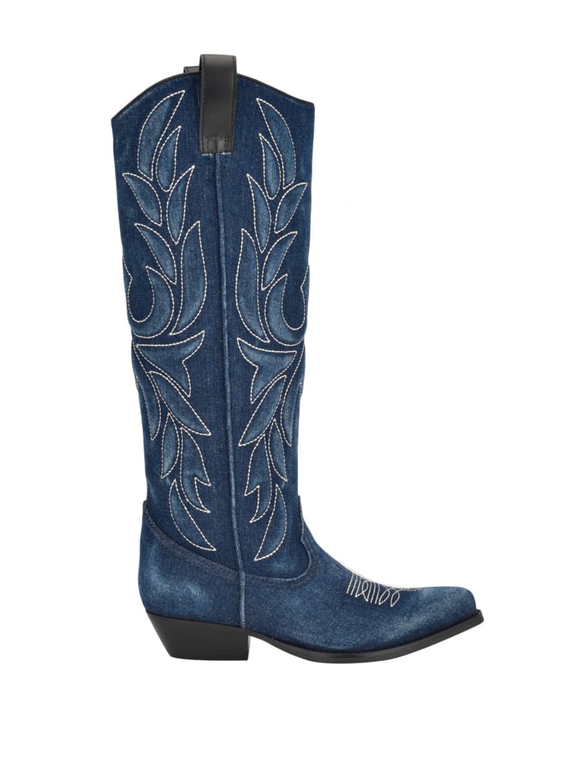 Guess Ginnifer Knee High Denim Cowboy Boots - Denim Tie Dye