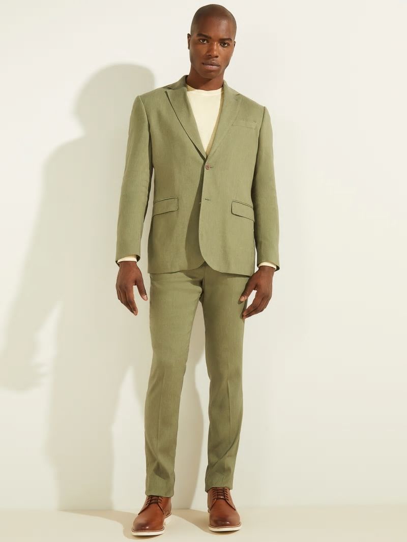Guess Linen-Blend Single Breasted Blazer - Mossy Green