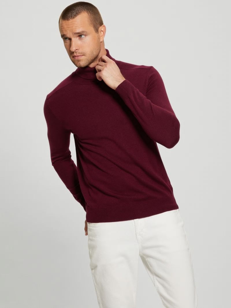 Guess Eco Aaron Silk-Blend Turtleneck Sweater - Maroon Noir