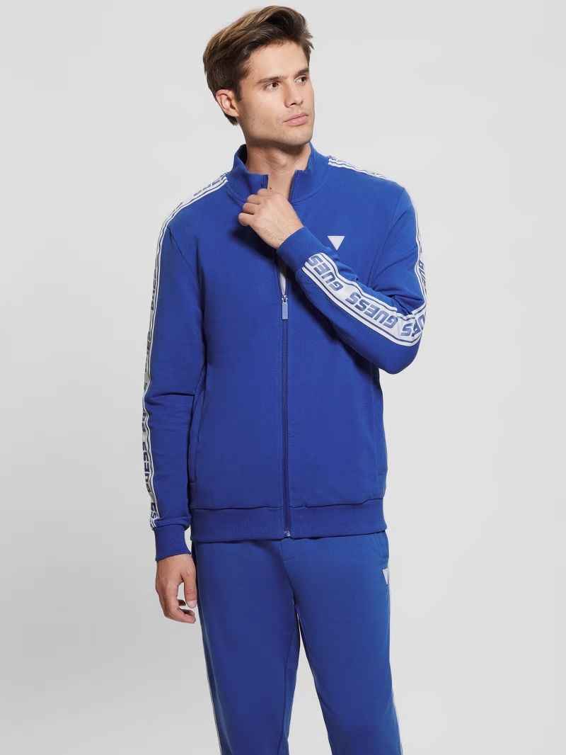 Guess Eco Arlo Logo Tape Zip Sweatshirt - Blue Maya