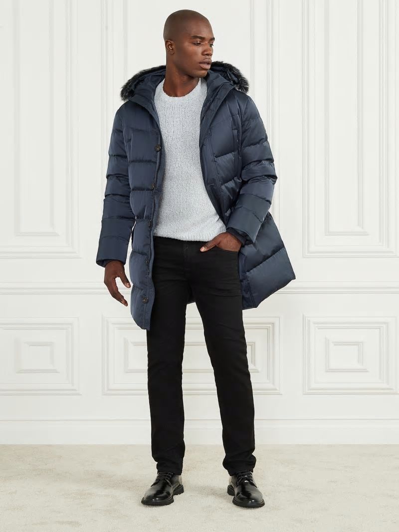 Guess Long Twill Hooded Jacket - Bleu éLéGant