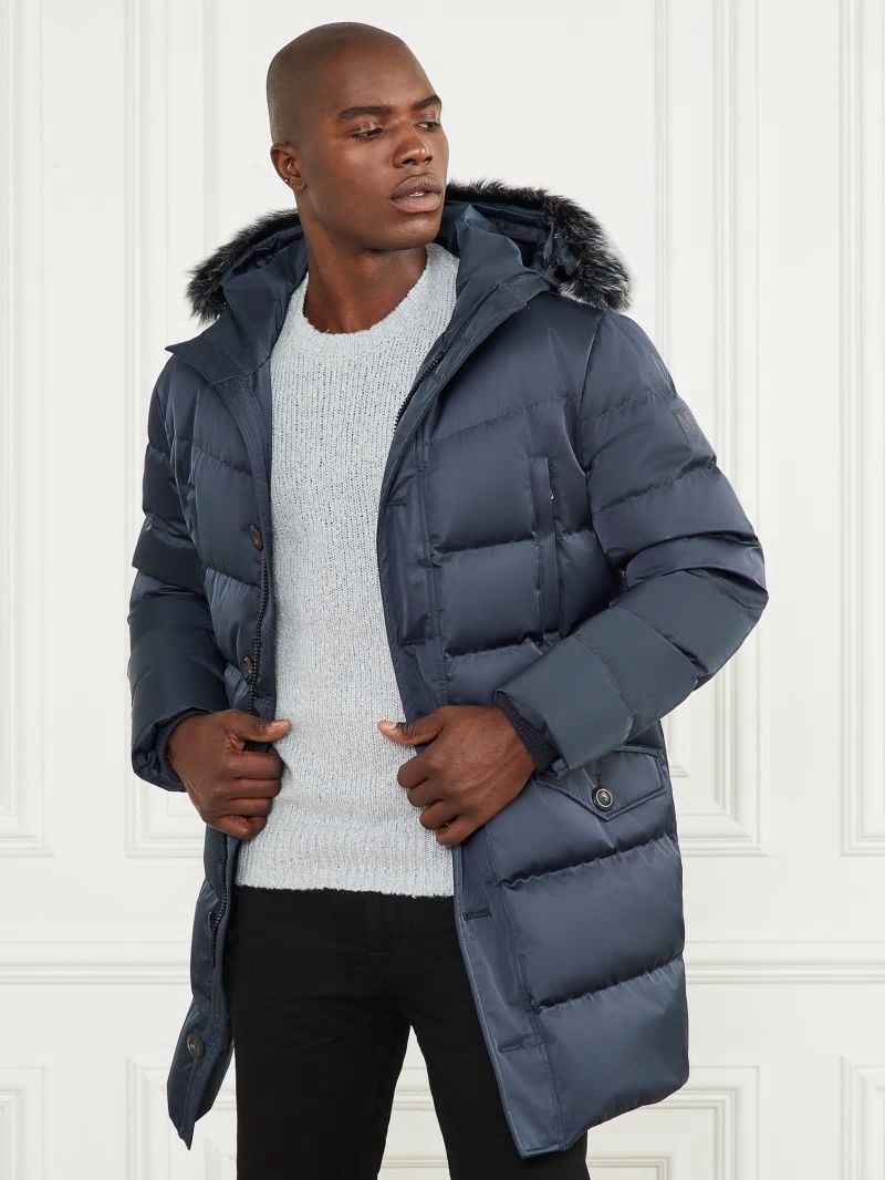 Guess Long Twill Hooded Jacket - Bleu éLéGant