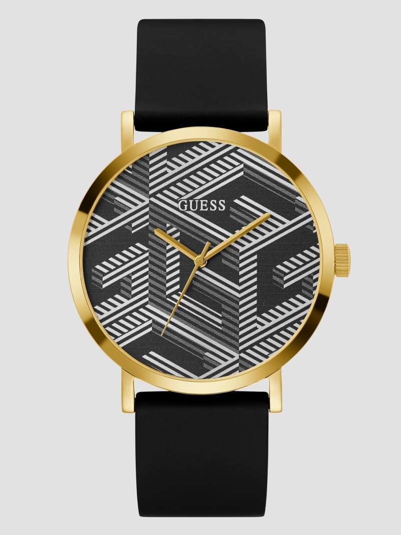 Guess Gold-Tone and Black Printed G-Cube Analog Watch - Black
