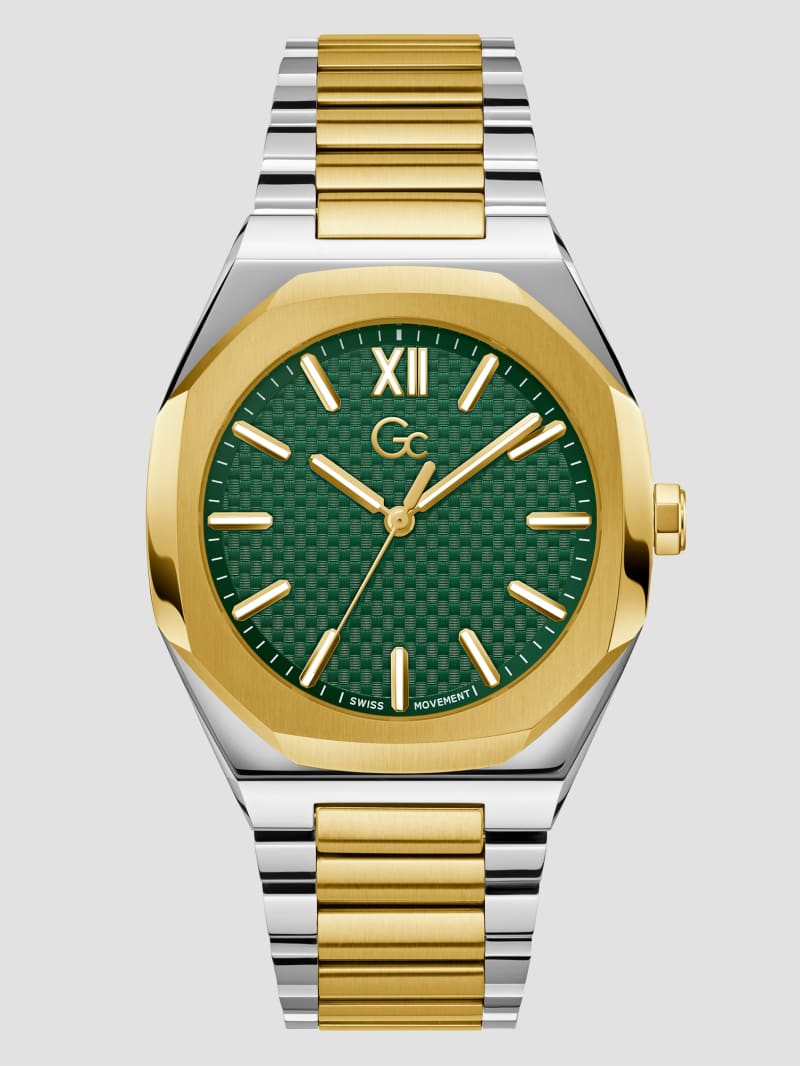 Guess Gc Two-Tone Metal and Green Analog Watch - Gold