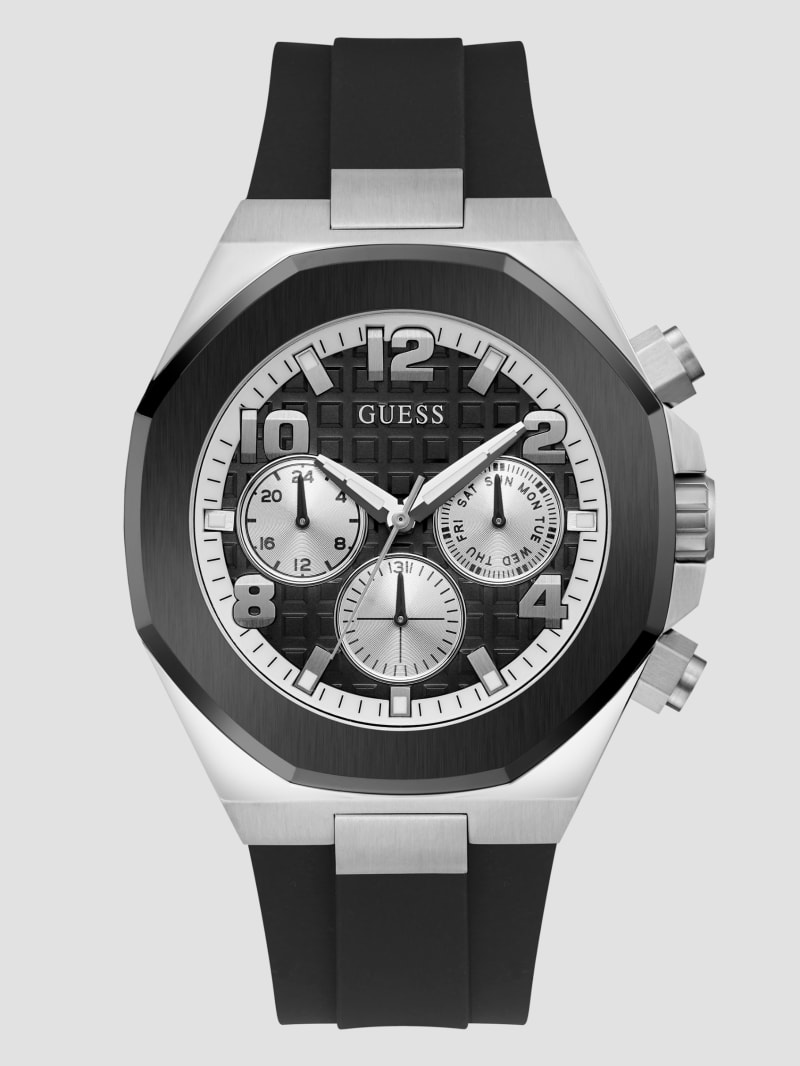 Guess Silver-Tone and Black Silicone Multifunction Watch - Black Snakeskin