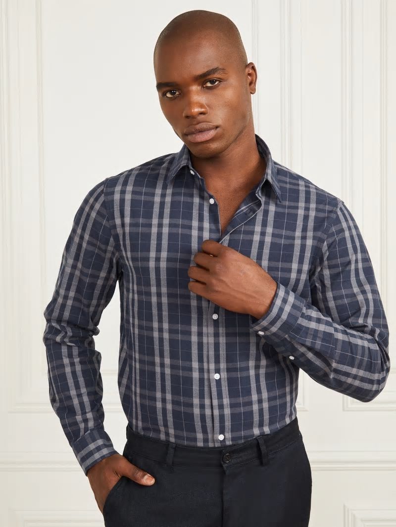 Guess Joe Notched Cuff Shirt - Blue And Grey Check