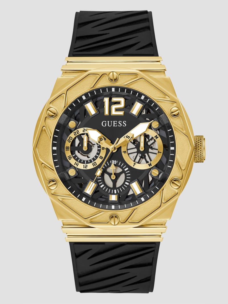 Guess Gold-Tone and Black Silicone Multifunction Watch - Gold